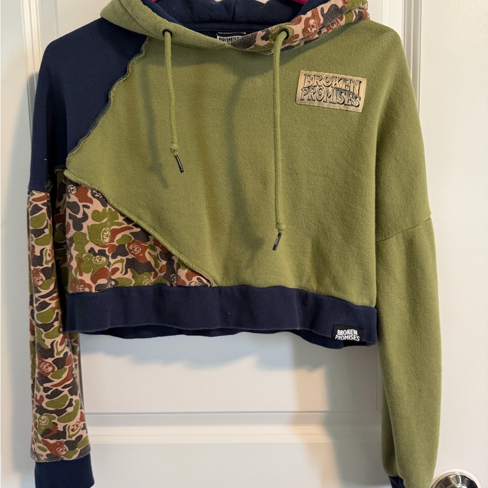 Broken Promises Green and Navy Crop Hoodie